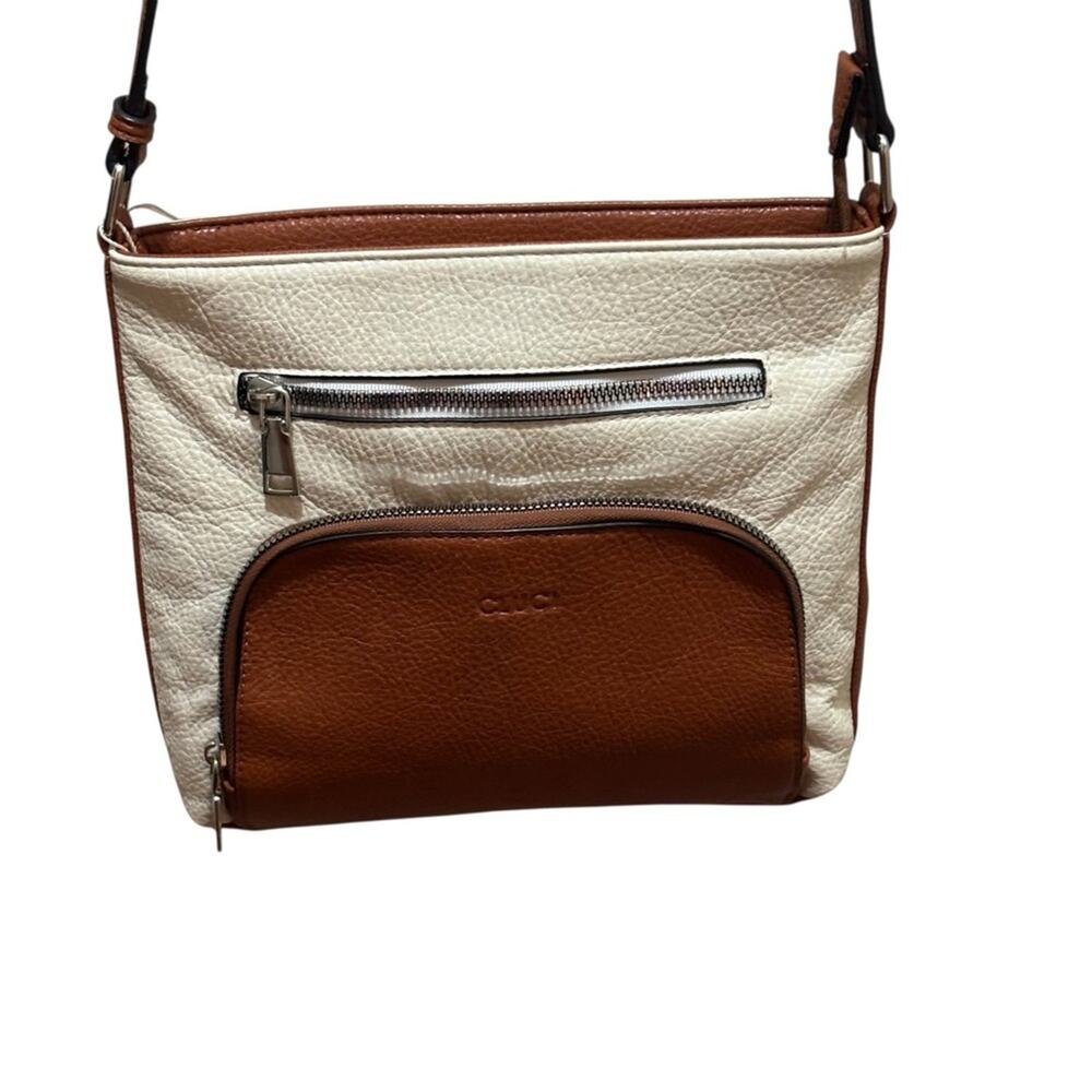 Cluci‎ Crossbody Bag Womens Two Tone Brown Ivory Pebbled Vegan Leather Messenger